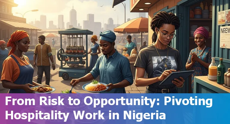 Nigerian hotel staff using digital kiosks and AI tools alongside guests