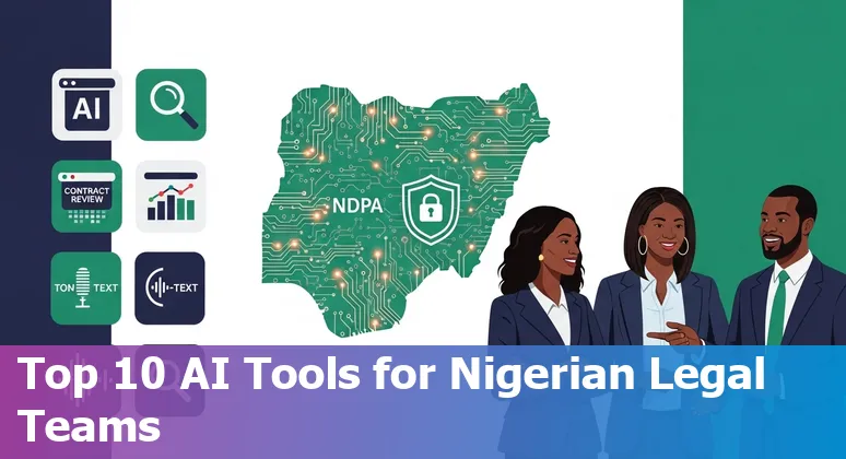 Collage of AI icons and Nigerian legal symbols — gavel, scales of justice, and digital circuits.