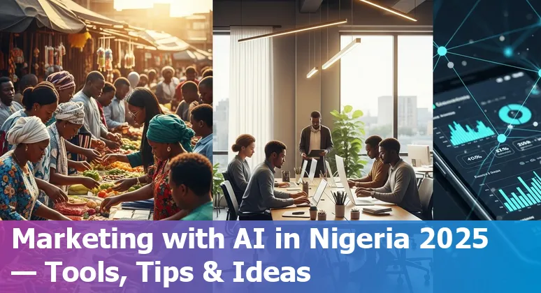 Marketing professional using AI tools on mobile and laptop in Nigeria in 2025