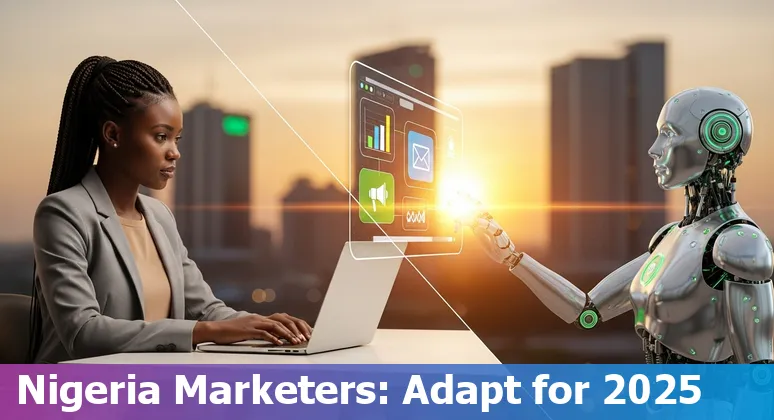 Nigerian marketer using AI tools on a laptop, representing marketing jobs in Nigeria in 2025