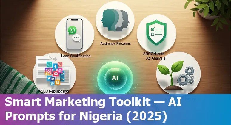 Nigerian marketer using AI tools (WhatsApp chatbot, CRM, and analytics) with Lagos skyline in background