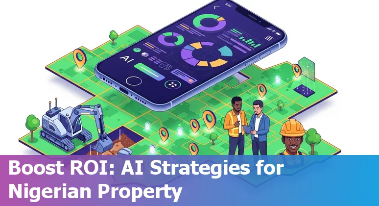Illustration of AI transforming the Nigerian real estate industry in 2025 with Lagos skyline, virtual tours and smart building icons, labeled Nigeria.