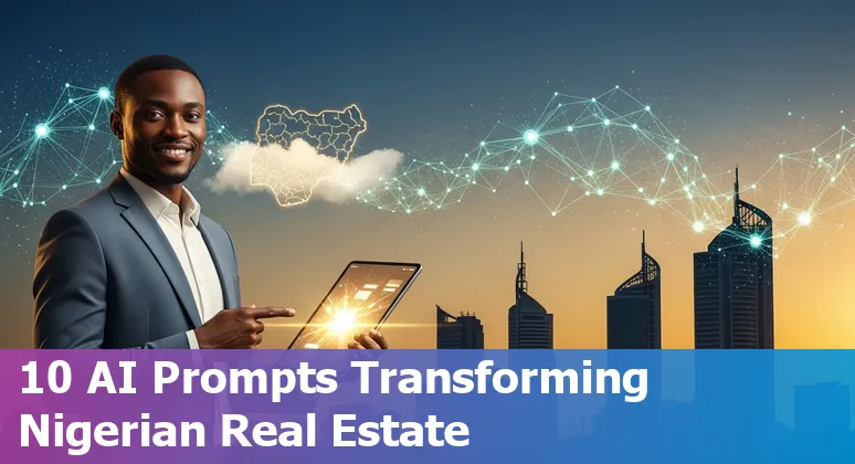 Illustration of AI and real estate in Nigeria showing Lagos skyline, chatbot, analytics charts and local logos