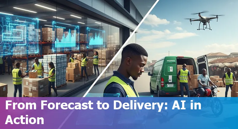 Illustration of AI helping retail operations in Nigeria: chatbots on phones, inventory graphs, delivery routes and personalised offers in Nigeria