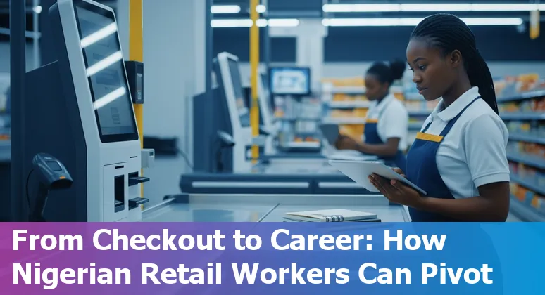 Retail worker using a tablet beside a self-checkout kiosk in a Nigerian store