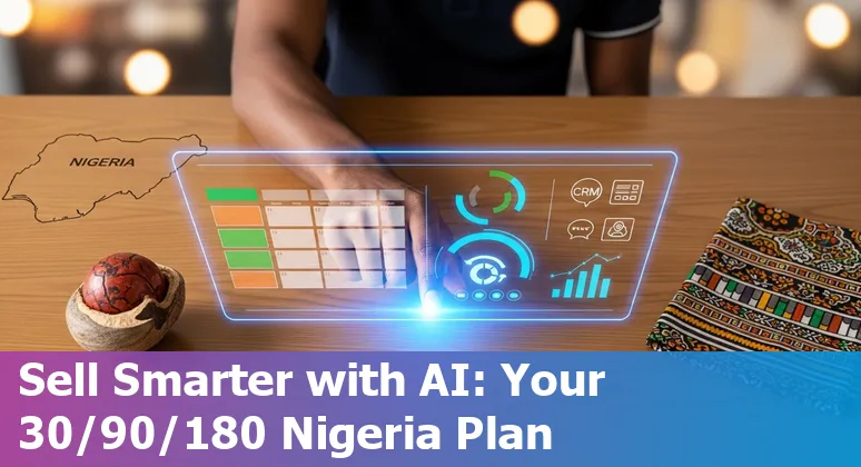 Sales professional using AI tools on laptop in Nigeria, 2025 — WhatsApp automation and CRM on screen