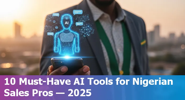 Collage of AI tools logos and Nigerian sales professionals using laptops and smartphones