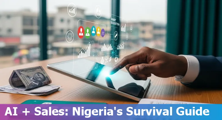 Illustration of AI assisting a Nigerian salesperson in Lagos, Nigeria, showing collaboration between AI tools and human selling