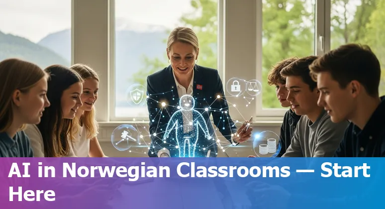Illustration of AI in Norway education: students, teachers, and digital tools in a Norwegian classroom