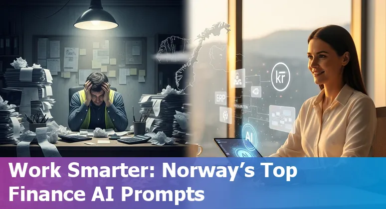 Finance professional in Norway using AI prompts on a laptop with NOK charts and ERP logos (NetSuite, SAP, Oracle)