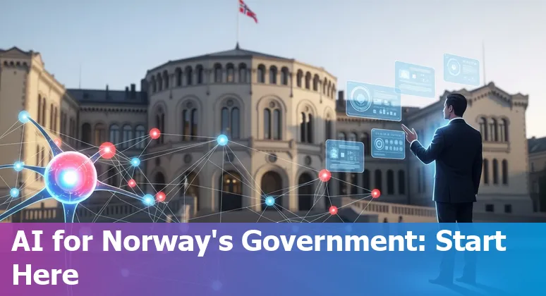Illustration of government AI adoption and regulations in Norway, showing Norwegian flag and public sector tech icons