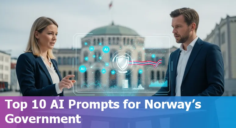 Icons showing AI use cases across Norwegian government: chatbots, healthcare, maritime, energy, procurement and compliance over a Norway map.
