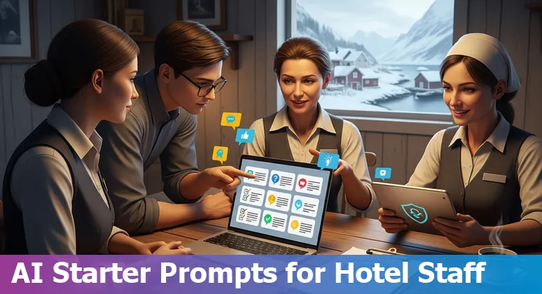 Hotel reception in Norway with a digital assistant overlay showing AI prompts and local fjord image