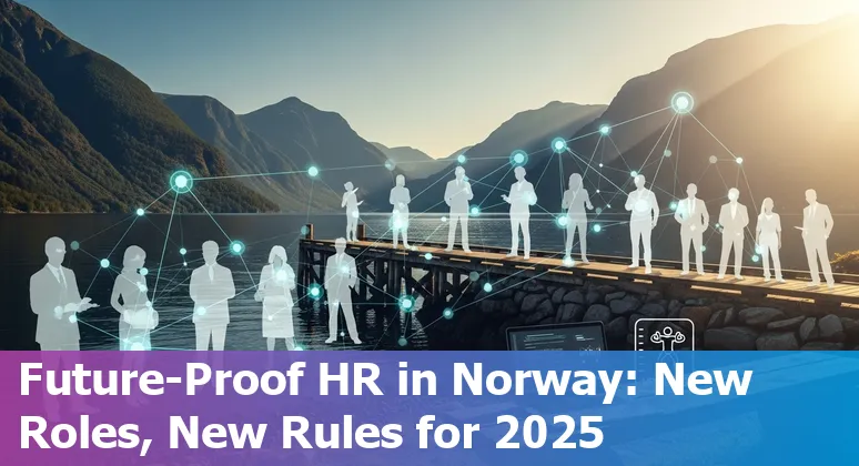 Illustration of AI and HR professionals in Norway discussing automation and upskilling in 2025