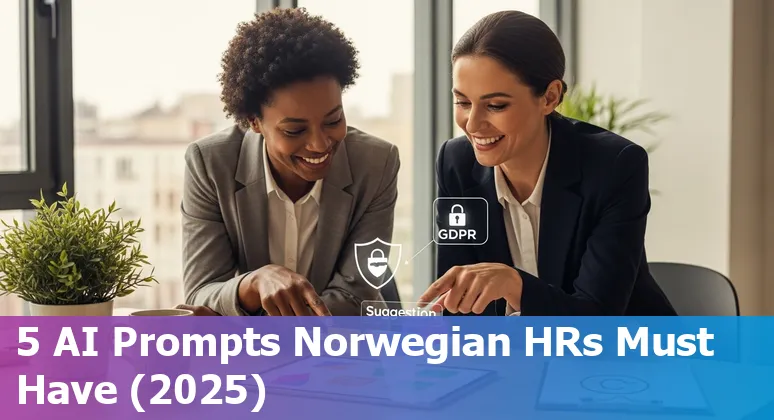 Norwegian HR professional using AI prompts on a laptop with Norway flag and office background