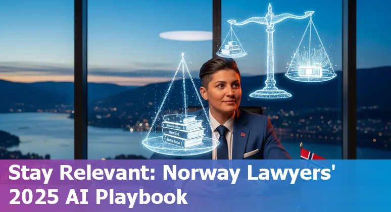 Illustration of AI and legal work in Norway: lawyer at desk with AI icons and Norwegian flag