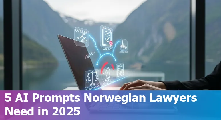 Norwegian lawyer using AI prompts for case-law synthesis, contract review, litigation strategy, argument testing, and client intake on a laptop.