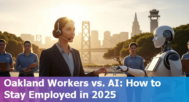 Customer service agent using AI tools at a desk in Oakland, California near OAK airport, symbolizing hybrid human-AI support in 2025
