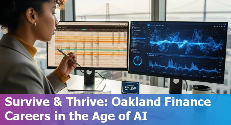 Finance professional using AI tools on a laptop in Oakland, California, US skyline in background