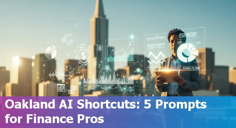 Finance professional in Oakland using AI prompts on laptop, with Oakland skyline and Data Council 2025 banner in background