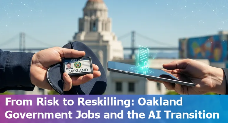 Oakland city hall worker using a laptop with an AI overlay and community members in background.