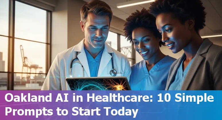 Illustration of AI in Oakland healthcare: hospital skyline, stethoscope, and AI icons.