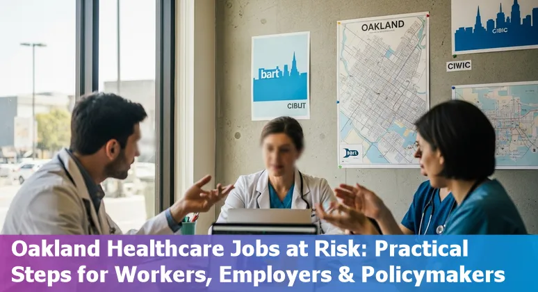 Healthcare worker with laptop and stethoscope beside EMR screen showing AI assistant in a community clinic in Oakland.
