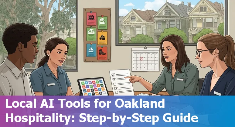 Hospitality staff using AI tools in an Oakland, California hotel lobby in 2025