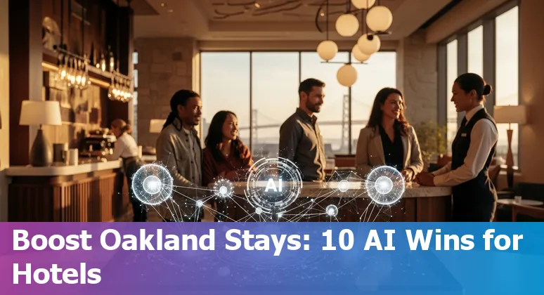 Oakland hotel lobby with a guest using a smartphone and AI icons representing chatbots, scheduling, and pricing