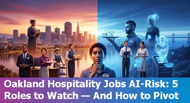 Oakland hotel front desk with AI chatbot overlay and hospitality workers adapting skills