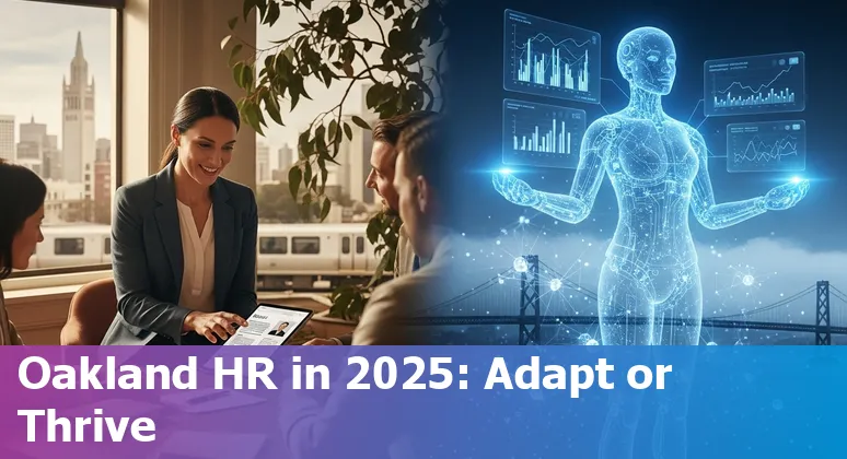 HR professional using AI tools with Oakland, California skyline in the background