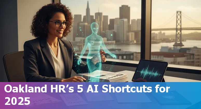 Oakland HR professional using AI prompts on a laptop to draft job posts and employee communications.