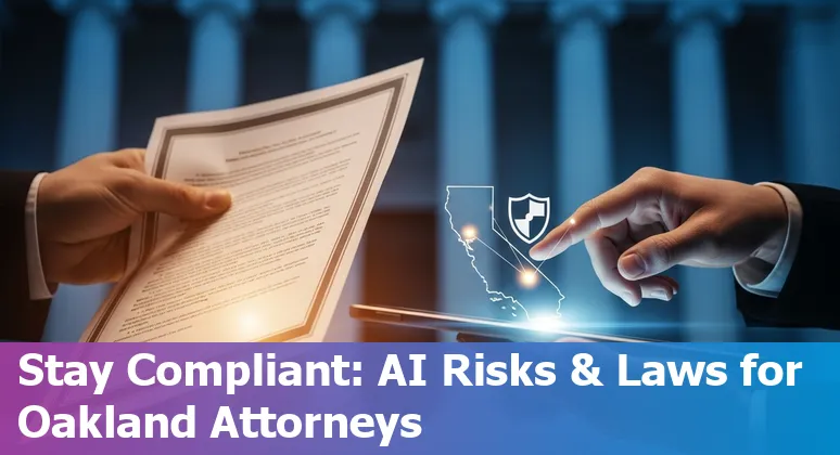Oakland, California lawyer using AI tools on laptop: MyCase IQ, CoCounsel, and Everlaw examples.