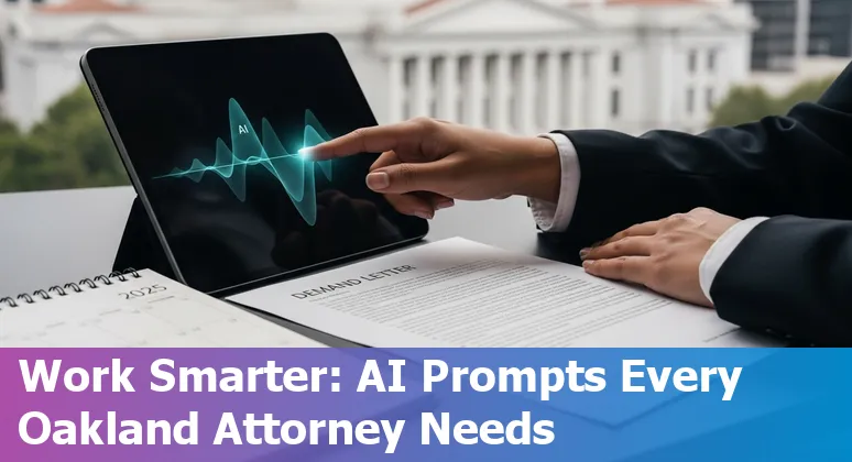 Oakland attorney using AI on laptop with city skyline and legal documents