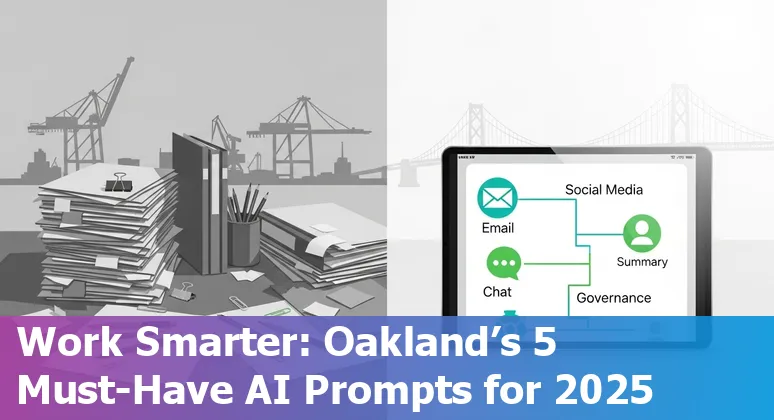 Marketing professional in Oakland using AI tools (ChatGPT, Claude, Gemini) to create social posts and email sequences on a laptop.