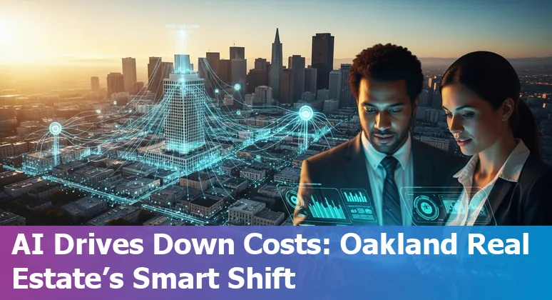 Aerial view of West Oakland, California with AI icons overlay showing cost and efficiency gains for real estate