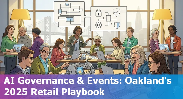 Retail AI guide cover image showing Oakland, California storefronts with AI icons and data visuals, 2025