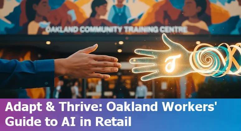 Oakland retail worker using mobile POS with AI icons and skyline in background