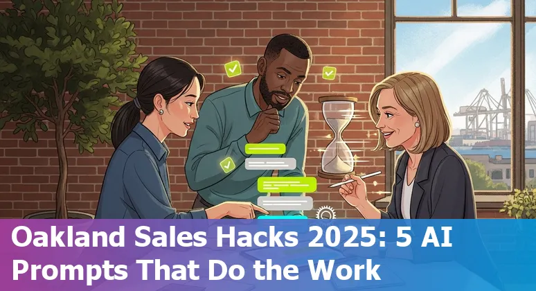 Sales professional using AI prompts on a laptop with Oakland skyline in background