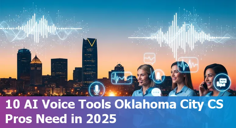 Customer service professional reviewing AI voice agent options on a laptop with Oklahoma City skyline in background