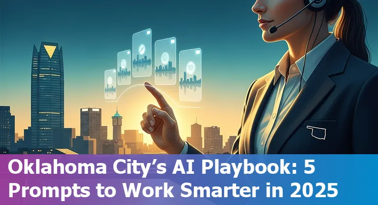 Customer service agent using AI prompts on laptop with Oklahoma City skyline in the background