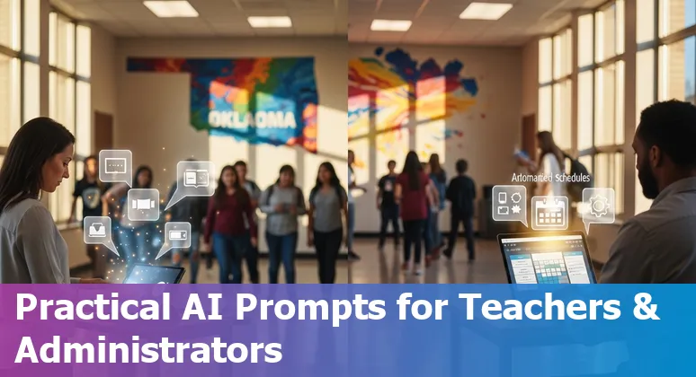 Teacher using AI tools on a laptop with Oklahoma City skyline in background, showing lesson plans and AI-generated visuals.