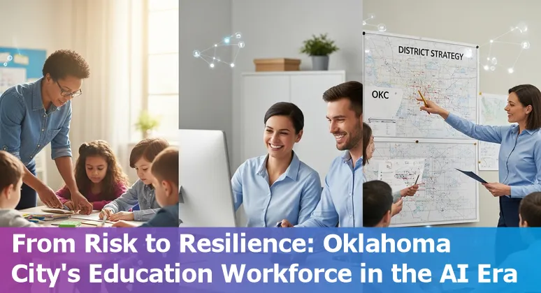 Oklahoma City classroom with teacher using AI-powered tablet, district logos and adaptation icons