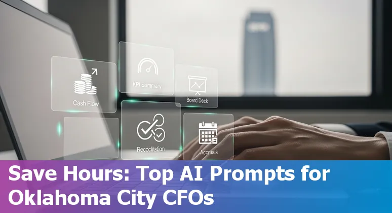 Finance professional using AI prompts on laptop with Oklahoma City skyline in background