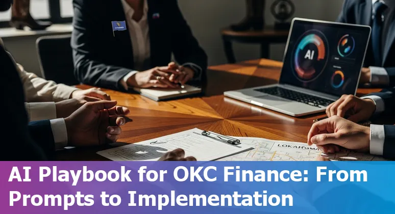 Bank staff using AI agent dashboards with Oklahoma City skyline and Thunder arena in background