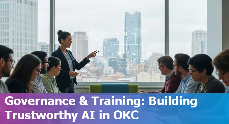 City hall staff using AI tools with Oklahoma City skyline in the background, Oklahoma, US