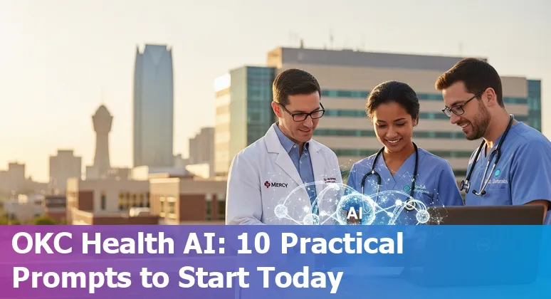 Healthcare professionals using AI tools with Oklahoma City skyline and Mercy hospital in the background