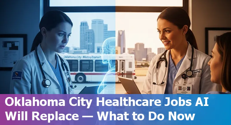 Healthcare worker using AI-assisted tools in an Oklahoma City clinic with skyline in background