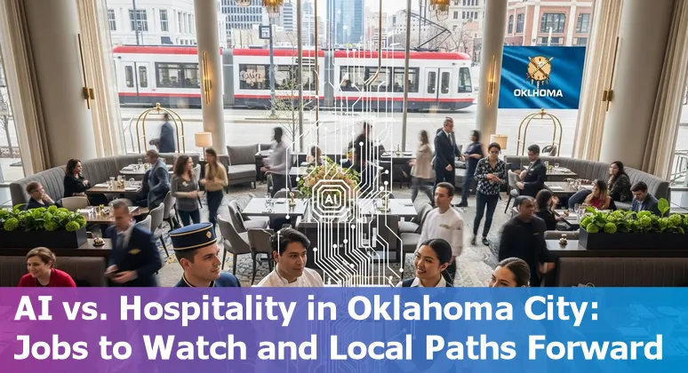 Hospitality worker using a tablet at an Oklahoma City restaurant with AI-powered kiosk in background
