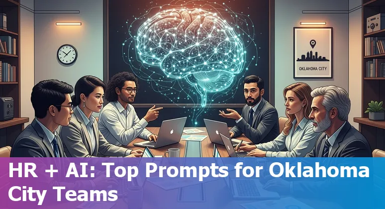 HR professional using AI prompts on a laptop to draft job posts and benefits FAQs in Oklahoma City office.
